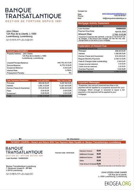 Luxembourg Banque Transatlantique Relevé hypothécaire Luxembourg Modèle Word et PDF